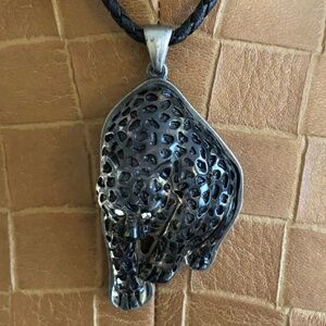 NWOT Rhinestone Eyed Leopard with Leather Braided Necklace